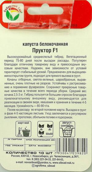 Капуста Пруктор F1 белокочанная  Сибирский Сад описание